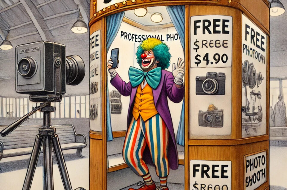 Illustration humoristique représentant un clown prenant un selfie dans un photomaton vintage, entouré d'équipements photographiques et reflétant l'absurdité des demandes de services gratuits aux photographes